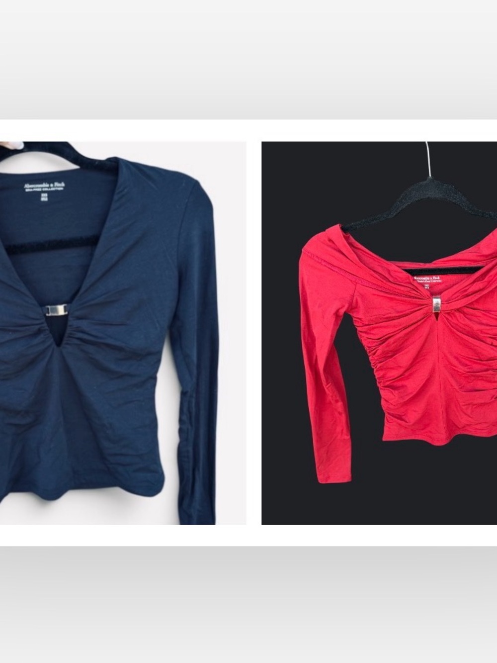 Abercrombie & Fitch Women's Ruched V-Neck Long Sleeve Tops - Red & Black w gold